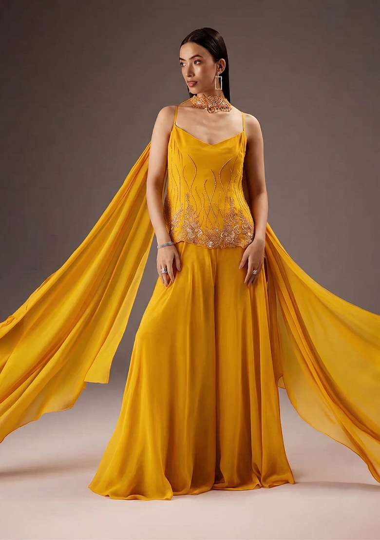 Yellow Georgette Handwork Fusion Set - Indya