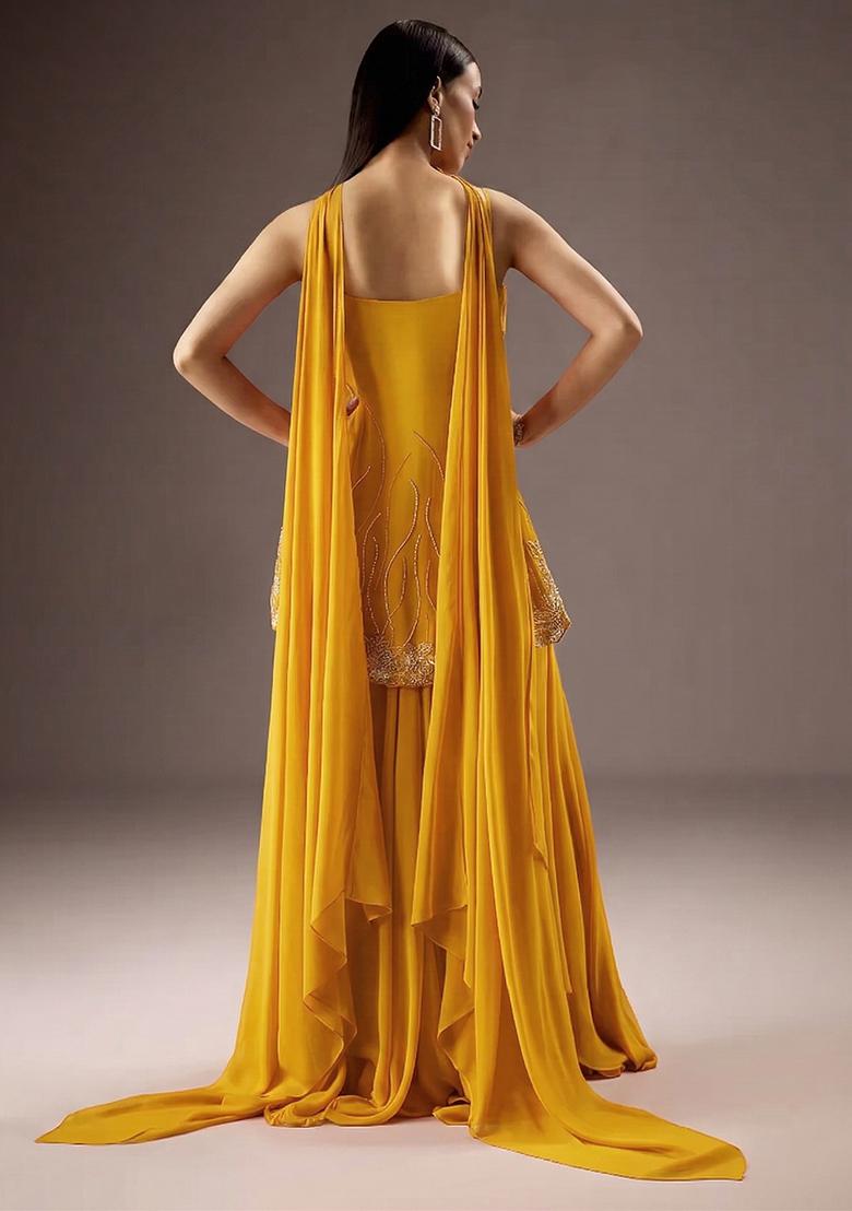 Yellow Georgette Handwork Fusion Set - Indya