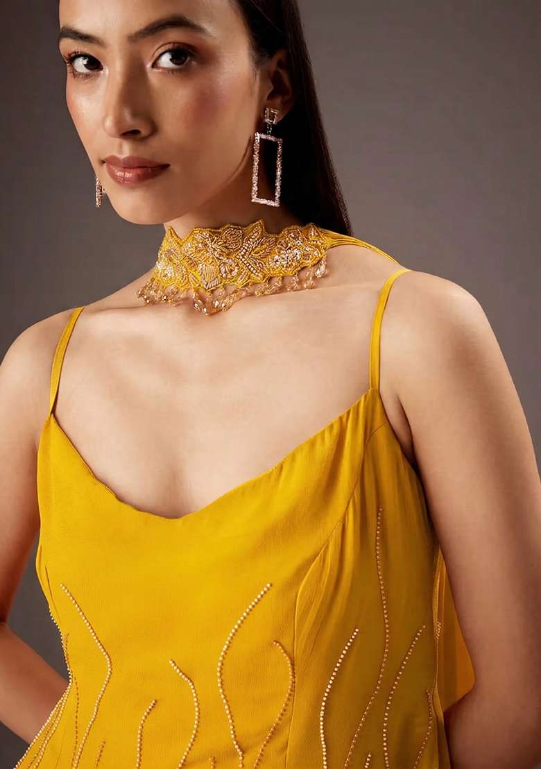 Yellow Georgette Handwork Fusion Set - Indya