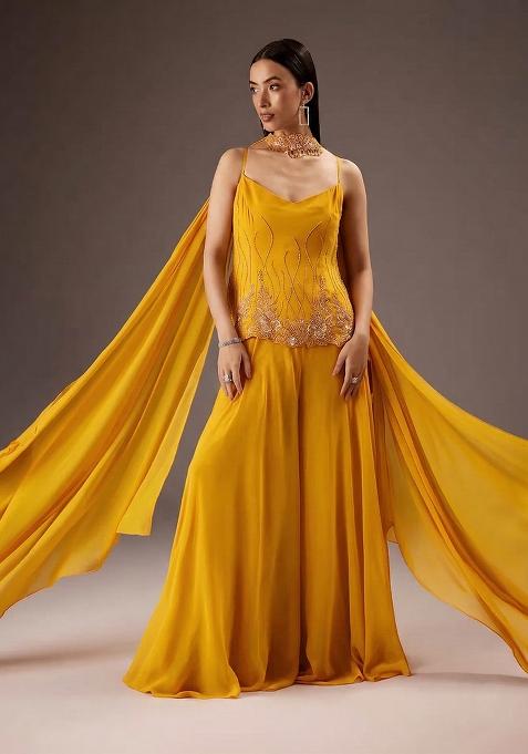 Yellow Georgette Handwork Fusion Set