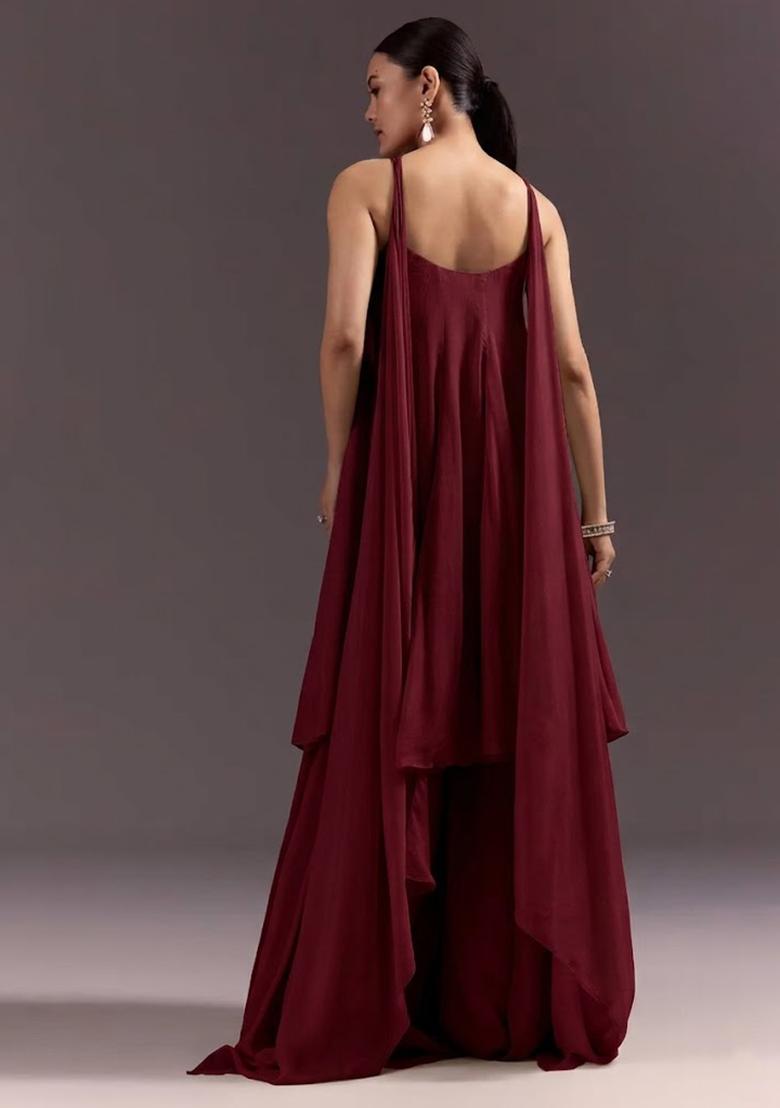 Maroon Chinon Handwork Fusion Set - Indya