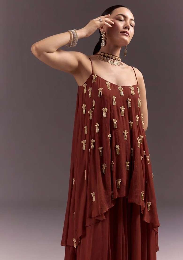 Brown Chinon Handwork Fusion Set - Indya