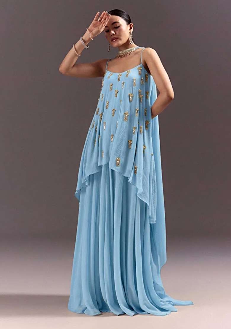 Sky Blue Chinon Handwork Fusion Set - Indya