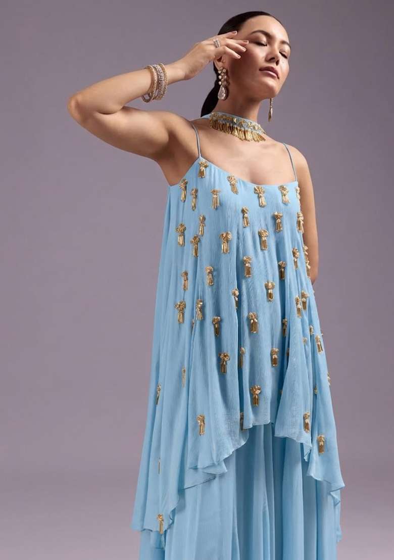 Sky Blue Chinon Handwork Fusion Set - Indya