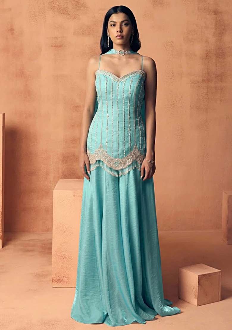 Blue Chinon Handwork Sharara Set - Indya
