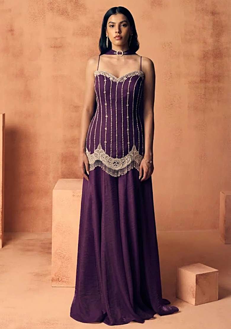 Purple Chinon Handwork Sharara Set - Indya