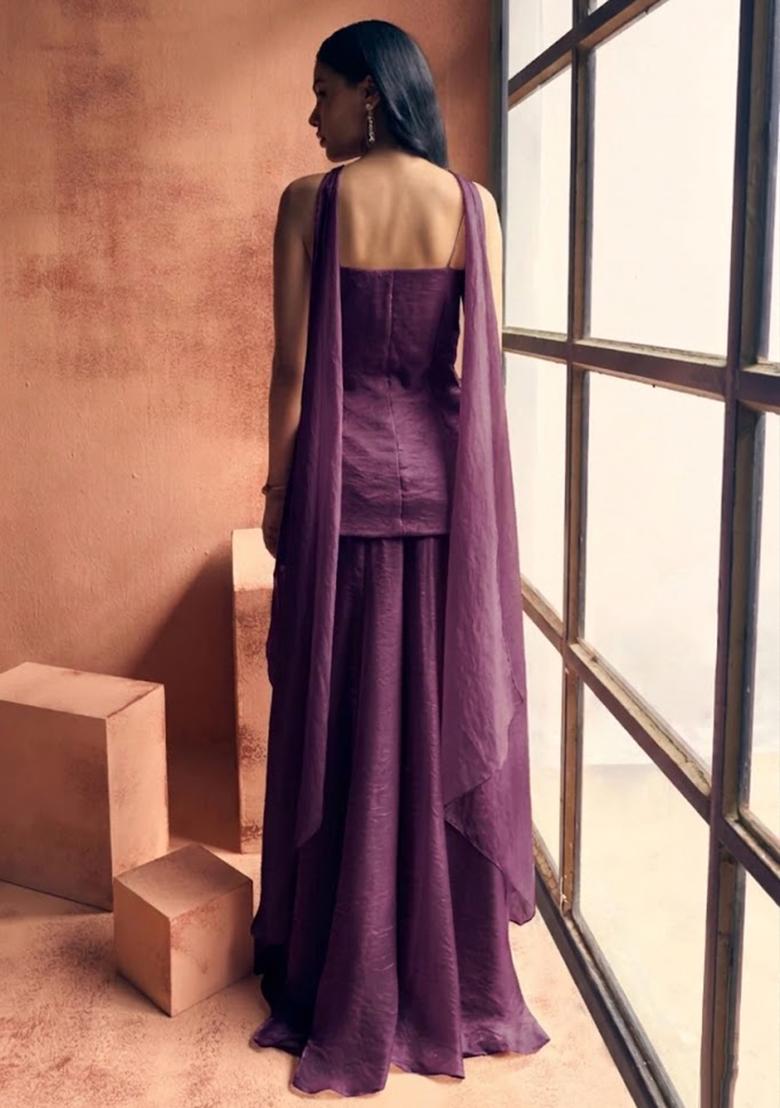 Purple Chinon Handwork Sharara Set - Indya