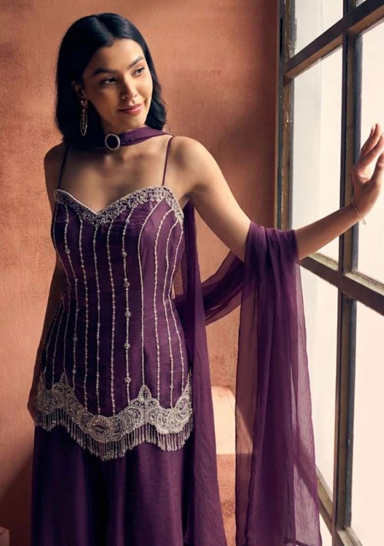 Purple Chinon Handwork Sharara Set - Indya