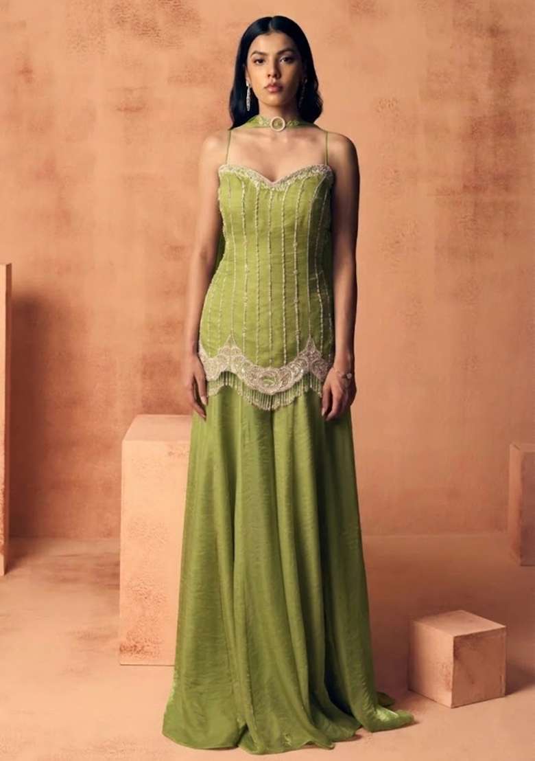 Olive Green Chinon Handwork Sharara Set - Indya