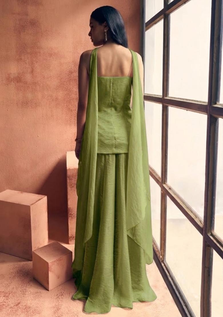 Olive Green Chinon Handwork Sharara Set - Indya