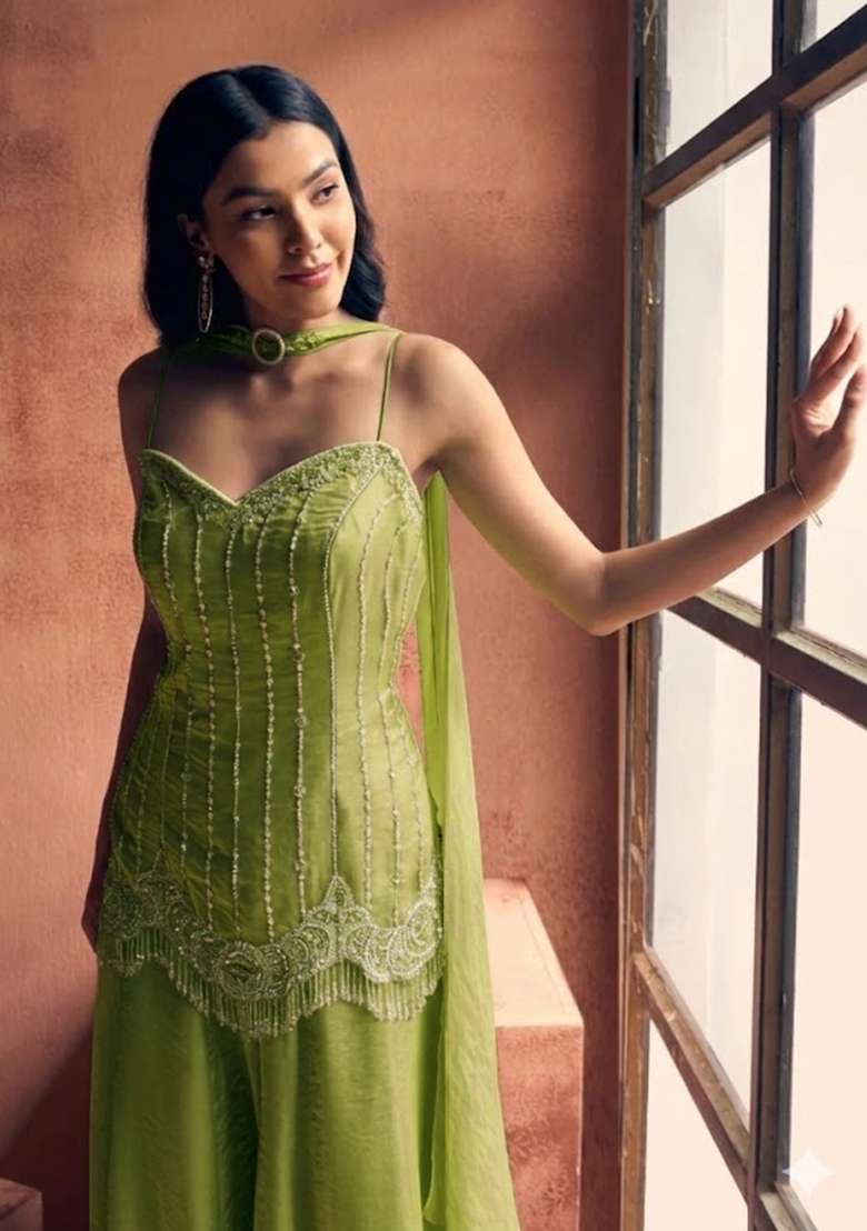Olive Green Chinon Handwork Sharara Set - Indya