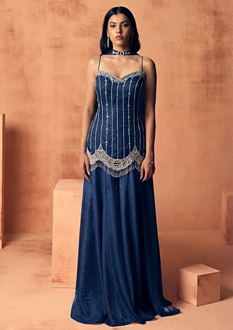 Navy Blue Chinon Handwork Sharara Set - Indya