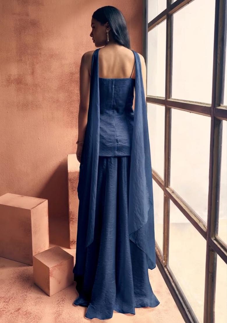 Navy Blue Chinon Handwork Sharara Set - Indya