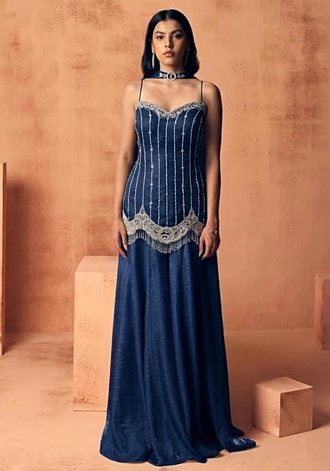 Navy Blue Chinon Handwork Sharara Set