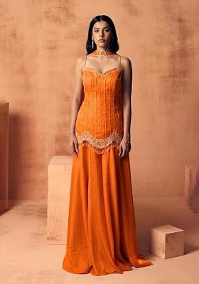 Orange Chinon Handwork Sharara Set