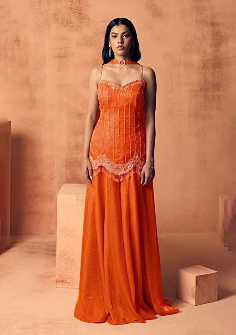 Orange Chinon Handwork Sharara Set - Indya
