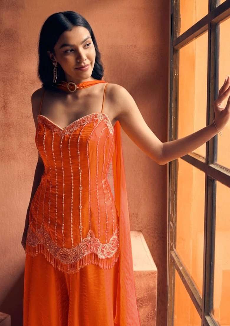 Orange Chinon Handwork Sharara Set - Indya