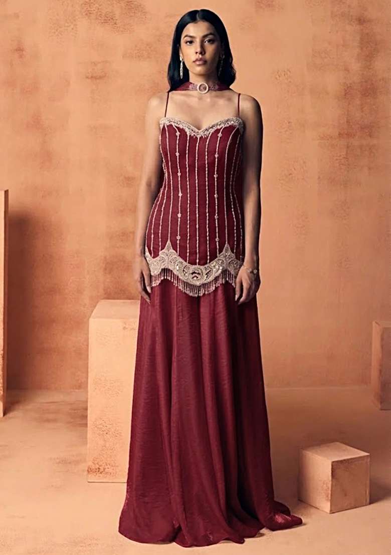Brown Chinon Handwork Sharara Set - Indya