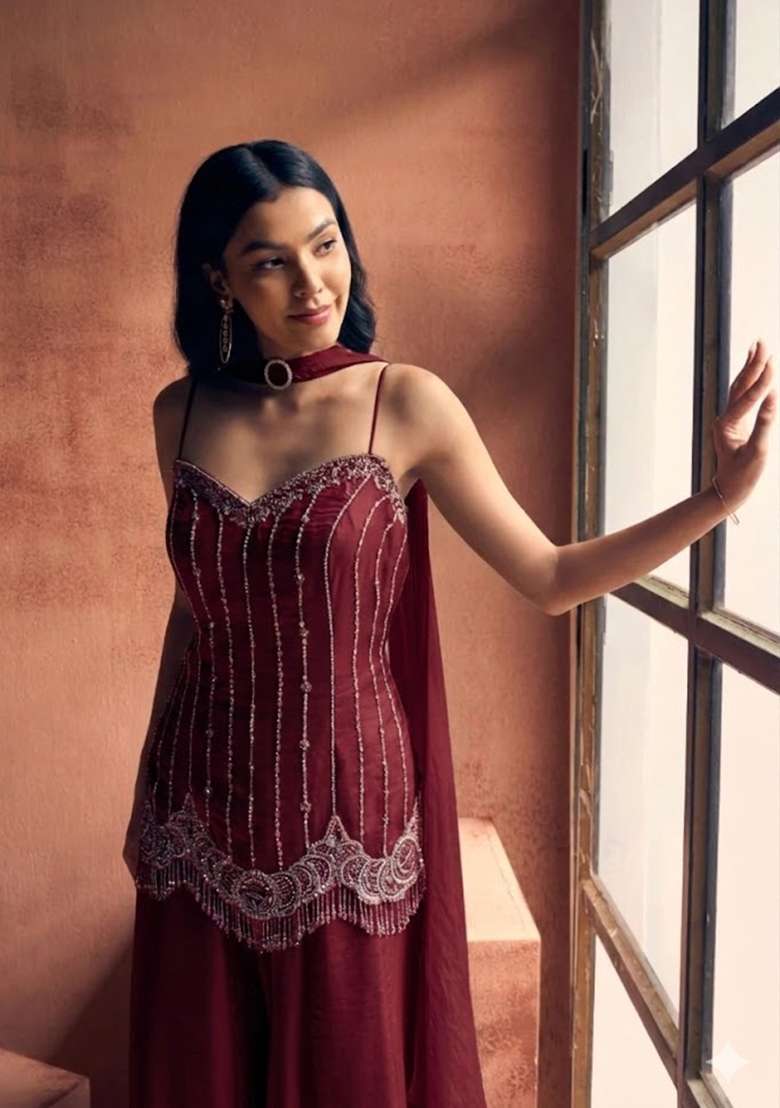 Brown Chinon Handwork Sharara Set - Indya