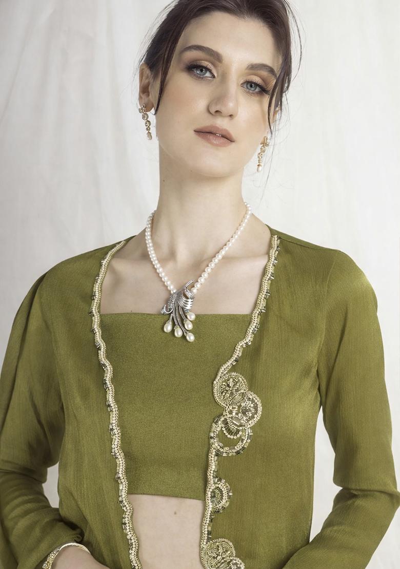 Olive Green Chinon Handwork Fusion Set - Indya