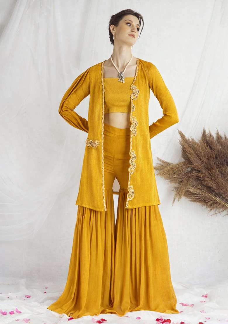 Yellow Chinon Handwork Fusion Set - Indya