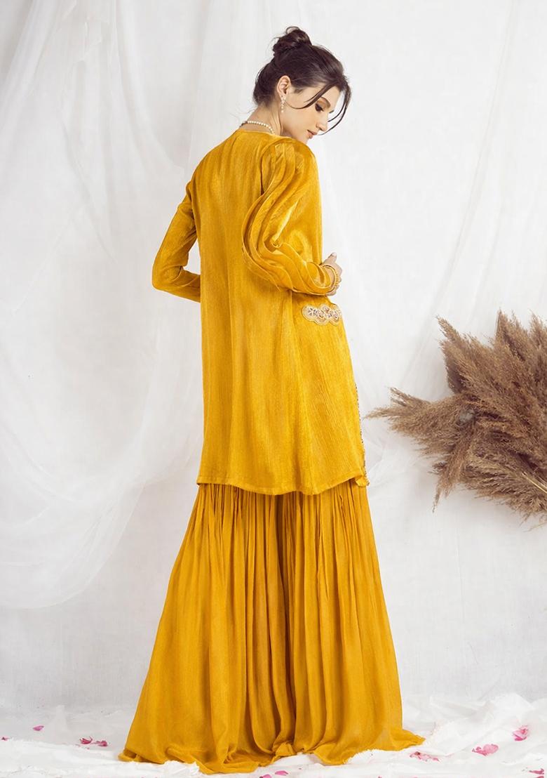Yellow Chinon Handwork Fusion Set - Indya