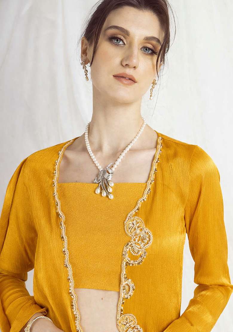 Yellow Chinon Handwork Fusion Set - Indya