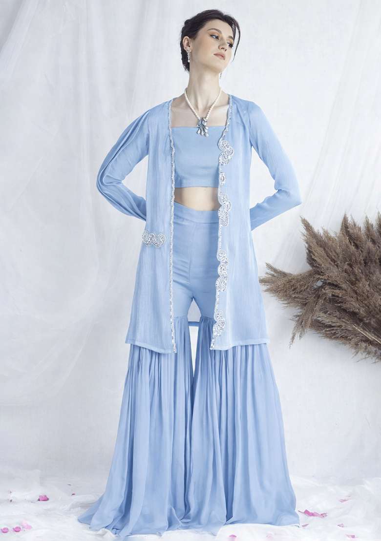 Mist Blue Chinon Handwork Fusion Set - Indya