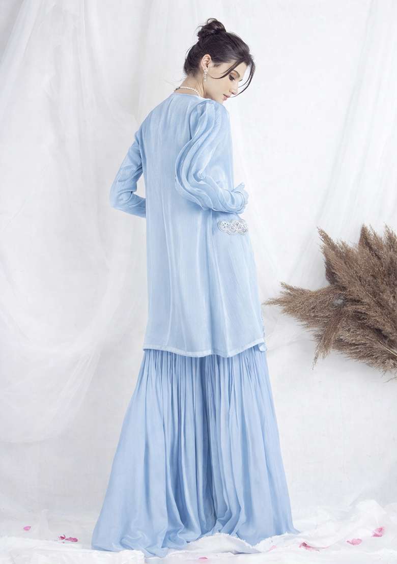 Mist Blue Chinon Handwork Fusion Set - Indya