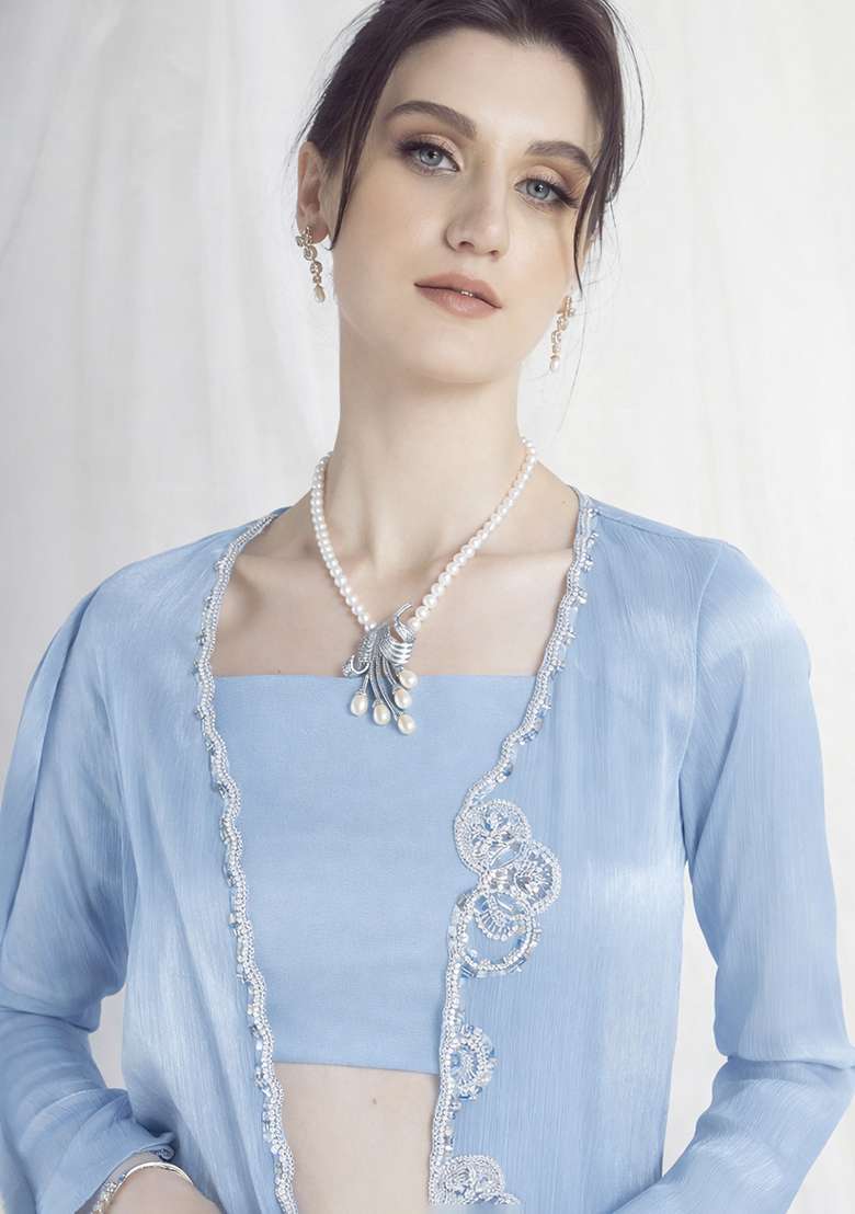 Mist Blue Chinon Handwork Fusion Set - Indya
