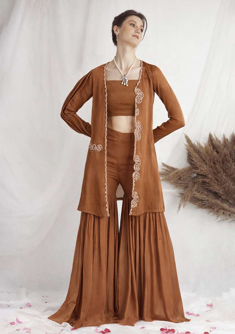 Brown Chinon Handwork Fusion Set - Indya