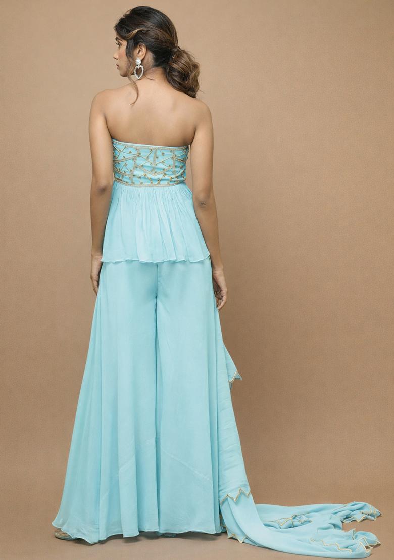 Light Blue Georgette Handwork Sharara Set - Indya