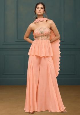 Peach Georgette Handwork Sharara Set