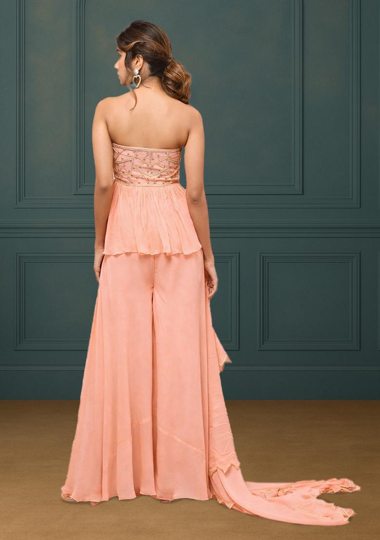 Peach Georgette Handwork Sharara Set - Indya