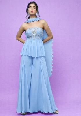 Pastel Blue Georgette Handwork Sharara Set