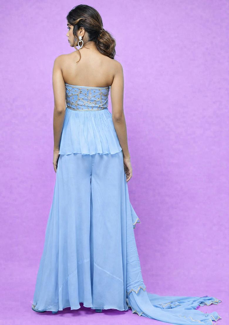 Pastel Blue Georgette Handwork Sharara Set - Indya