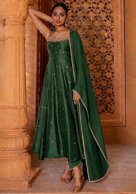 Green Handwork Silk Anarkali Set