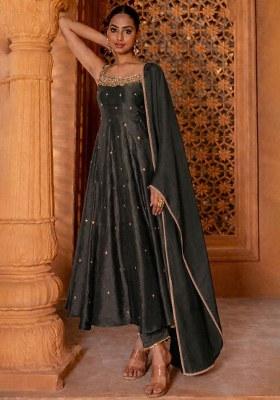 Charcoal Grey Handwork Silk Anarkali Set
