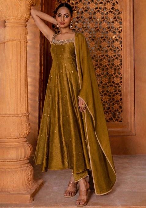 Olive Green Handwork Silk Anarkali Set