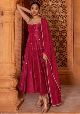 Pink Handwork Silk Anarkali Set