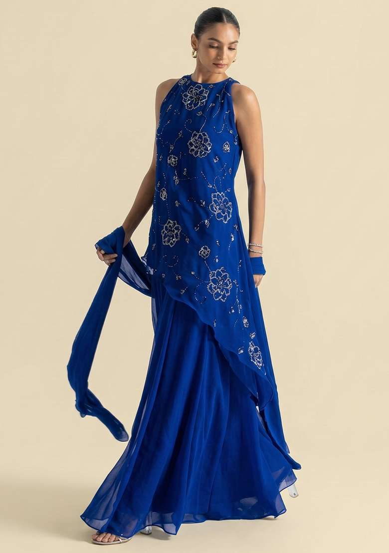Royal Blue Handwork Goergette Sharara Set - Indya