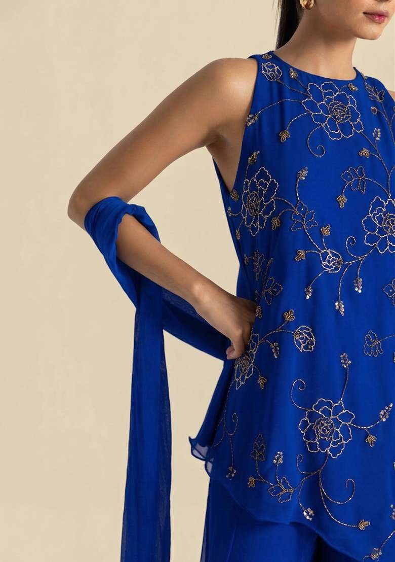 Royal Blue Handwork Goergette Sharara Set - Indya