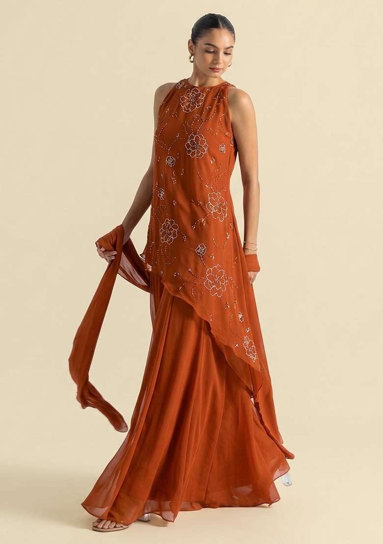 Rust Handwork Goergette Sharara Set - Indya