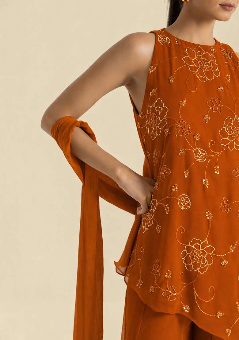 Rust Handwork Goergette Sharara Set - Indya