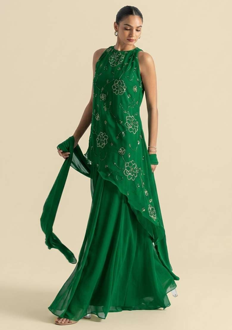 Green Handwork Goergette Sharara Set - Indya