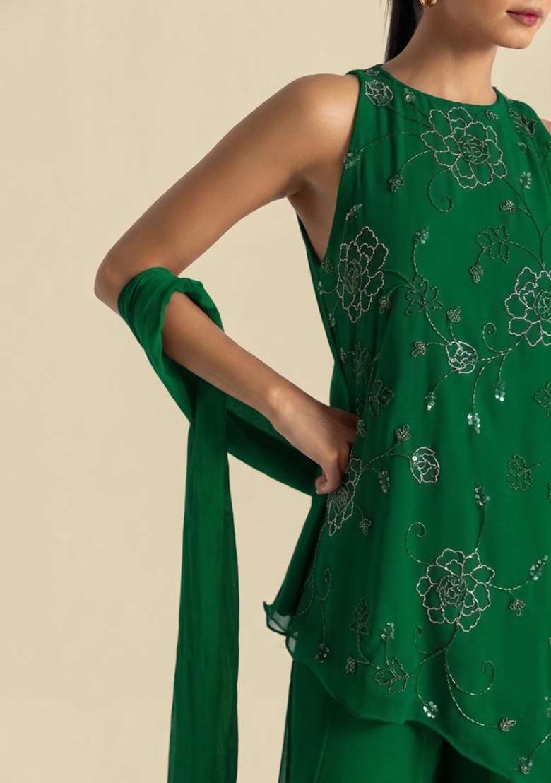 Green Handwork Goergette Sharara Set - Indya