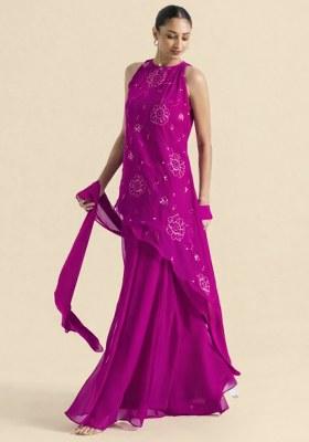 Fuchsia Pink Handwork Goergette Sharara Set