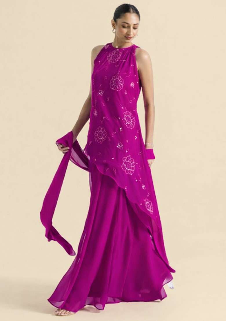 Fuchsia Pink Handwork Goergette Sharara Set - Indya