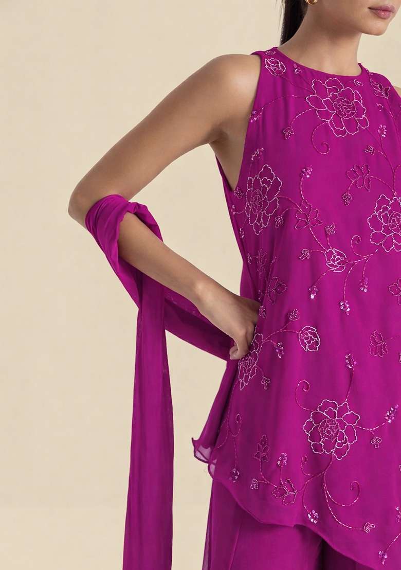 Fuchsia Pink Handwork Goergette Sharara Set - Indya