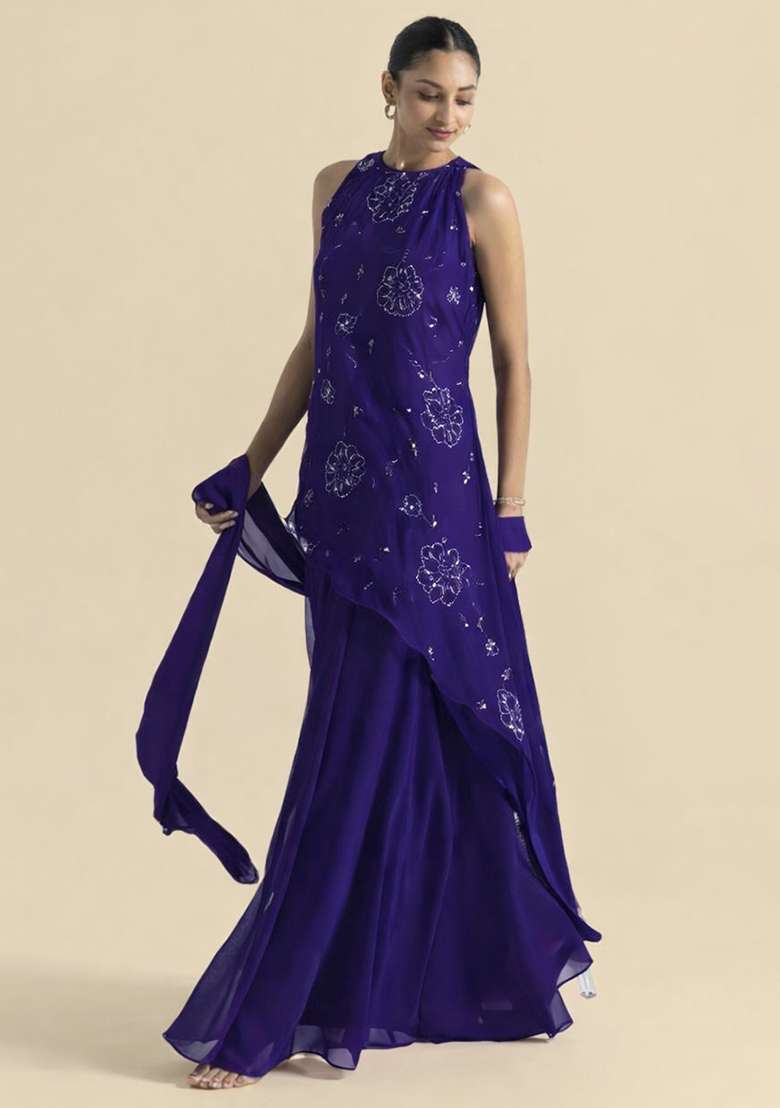Royal Purple Handwork Goergette Sharara Set - Indya
